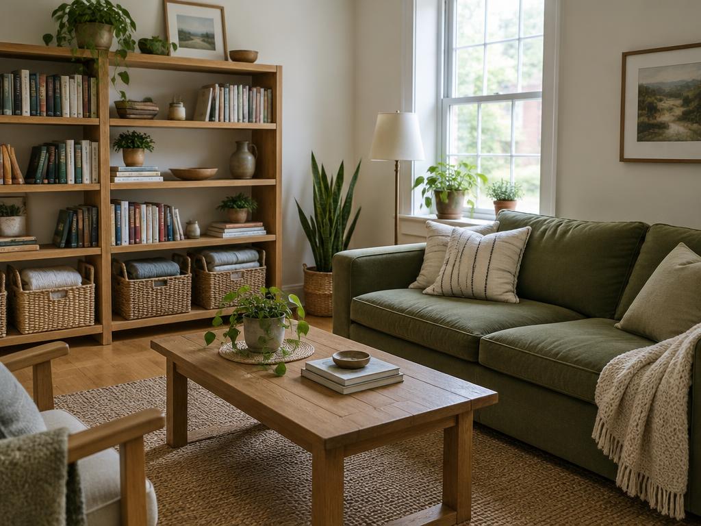 Illustrative photograph of a thoughtfully organized living room with open shelving