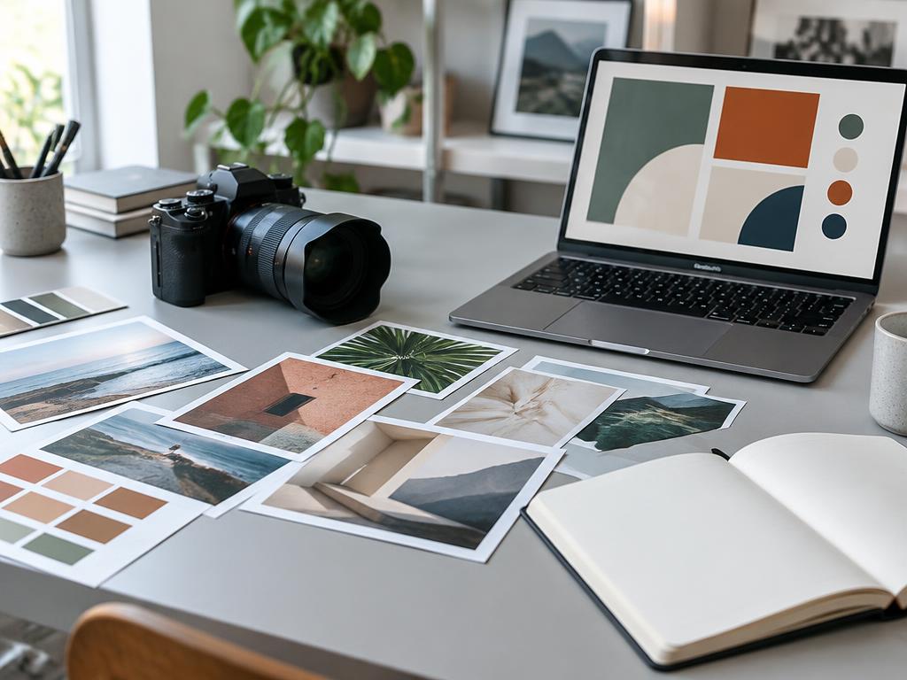 Illustrative photograph of a creative workspace with a camera and visual design materials