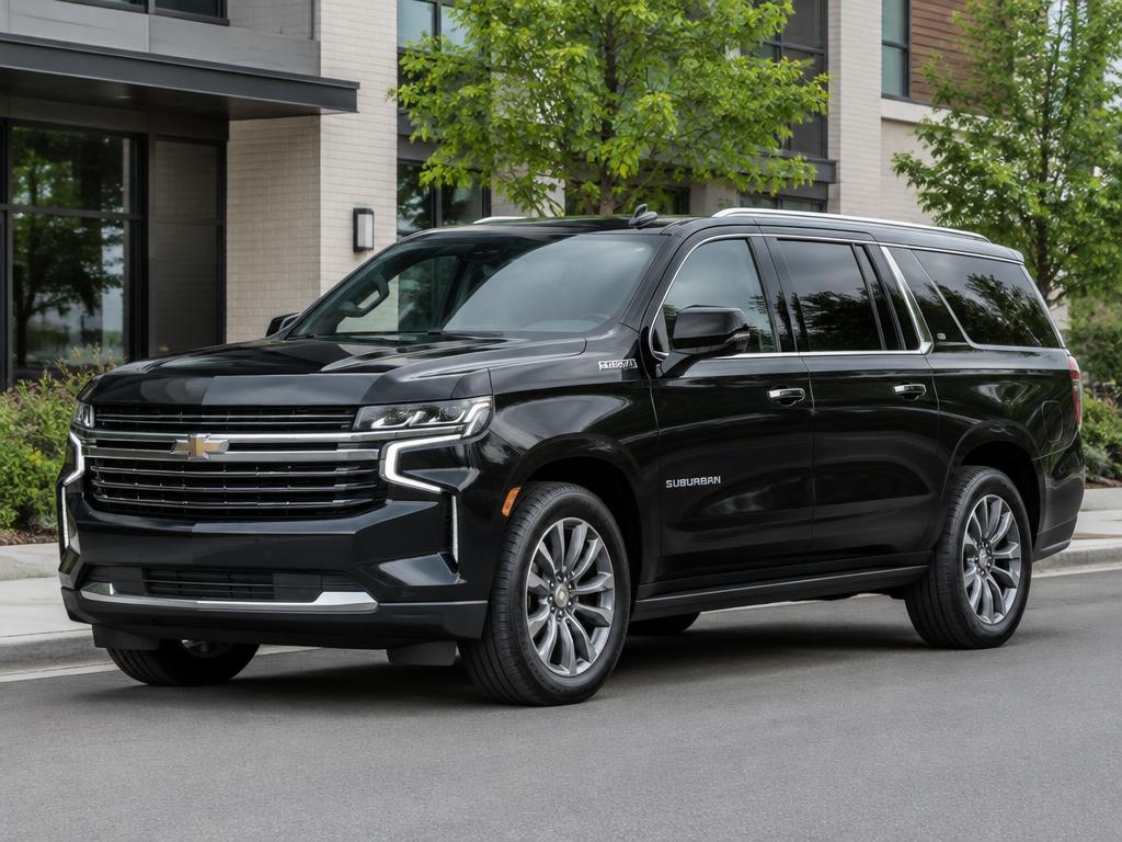 Illustrative photograph of a black Chevrolet Suburban outside a contemporary building